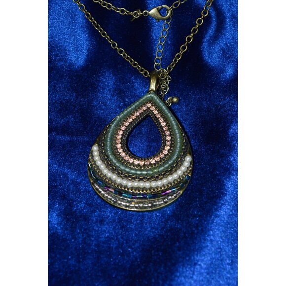 Premier Designs Large Tear Drop Beads Bronze Green Necklace Pendant - Picture 2 of 8